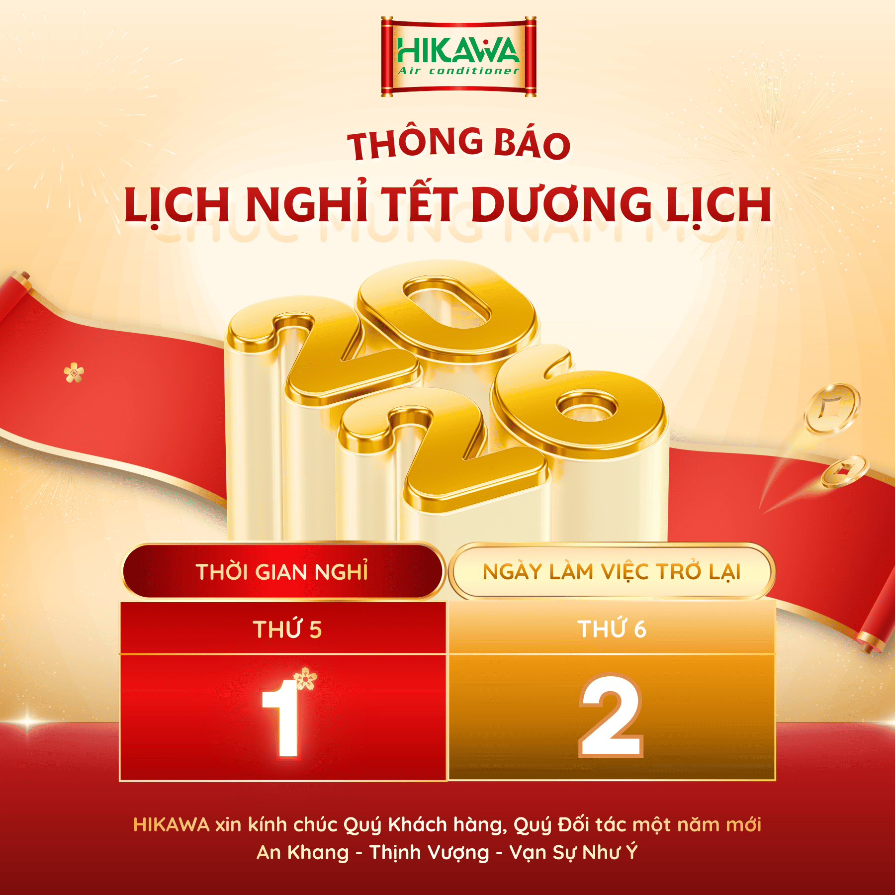 Thông báo Lịch nghỉ Tết dương lịch 2026